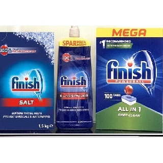 Combo Viên rửa bát Finish All in one 100 viên + Muối Finish 1,5kg + Nước làm bóng Finish 1150ml