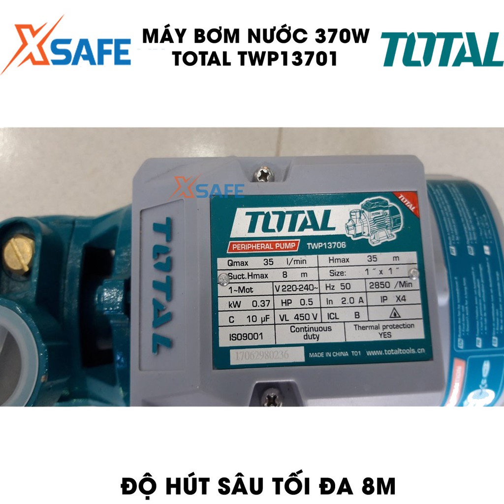 Máy bơm nước 370W TOTAL TWP13701 bơm tối đa 35m Máy bơm nước Total lưu lượng nước tối đa 35 lít/phút, mô tơ dây đồng