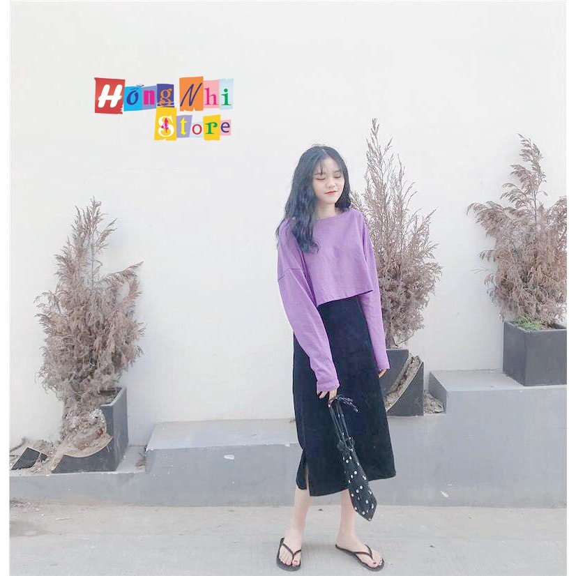 Áo Croptop Trơn Tay Dài Dáng Rộng Màu Tím Long Tee Ulzzang - MM
