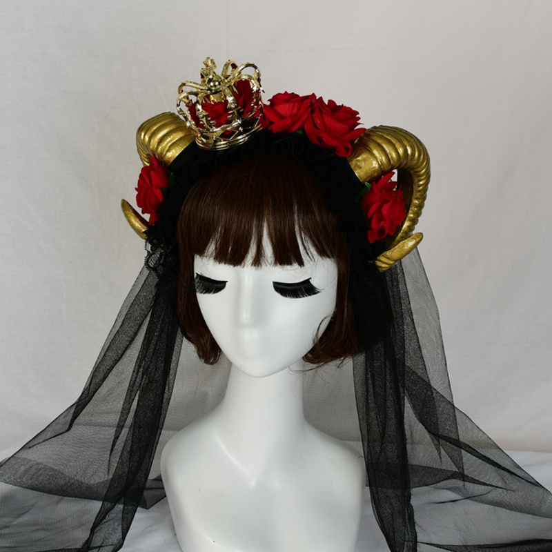 Cài Tóc Hình Sừng Bò Đính Hoa Vương Miện Phong Cách Gothic