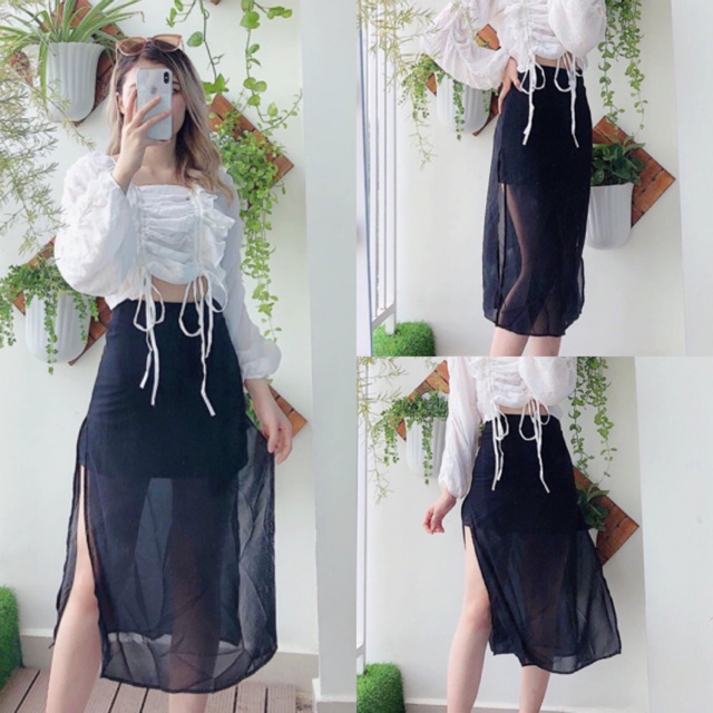 Chân váy đen midi xẻ tè from dài Chiffon Skirt thiết kế độc lạ from chuẩn dễ mix dễ phối đồ