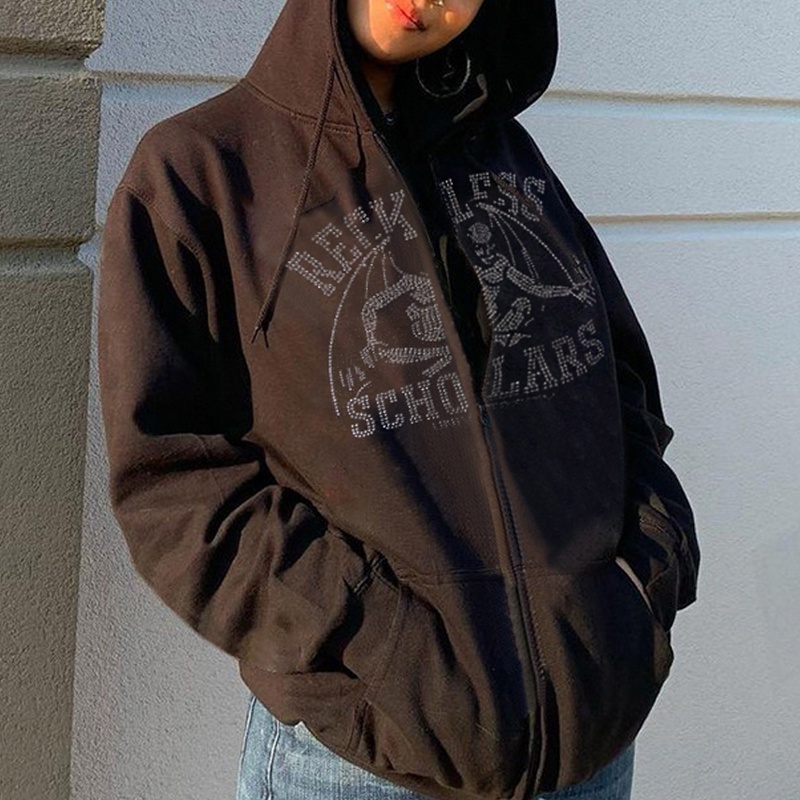 Áo khoác đen dài tay phối khoá kéo đính đá SASSYME Y2K