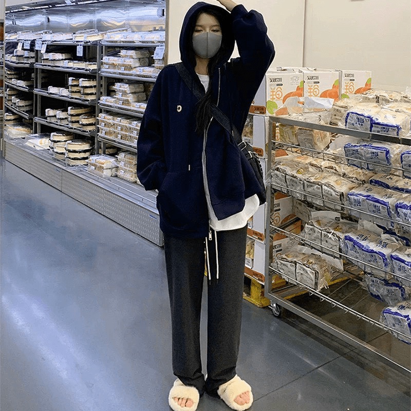 áo khoác Hoodie Nữ Phối Họa Tiết Nhỏ Xinh chỉ 1 Màu Xanh Than Đẹp độc