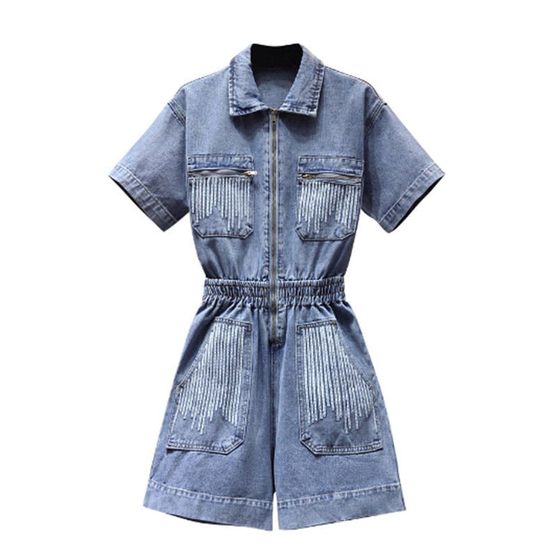 Áo Liền Quần Vải Denim Mỏng Eo Co Giãn Phối Khóa Kéo Đính Kim Sa Thời Trang Xuân Hè Cho Nữ 2022