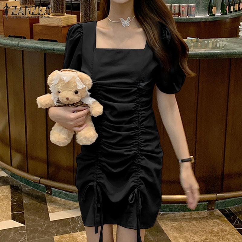 Đầm mini ZANZEA cổ vuông tay phồng lưng cao phối dây rút thời trang Hàn Quốc cho nữ