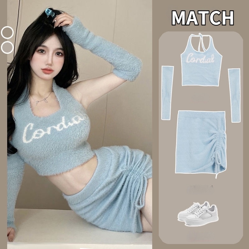 Bộ Áo Dệt Kim + Chân Váy Ngắn Lưng Cao Thời Trang Hàn Quốc Quyến Rũ Cho Nữ