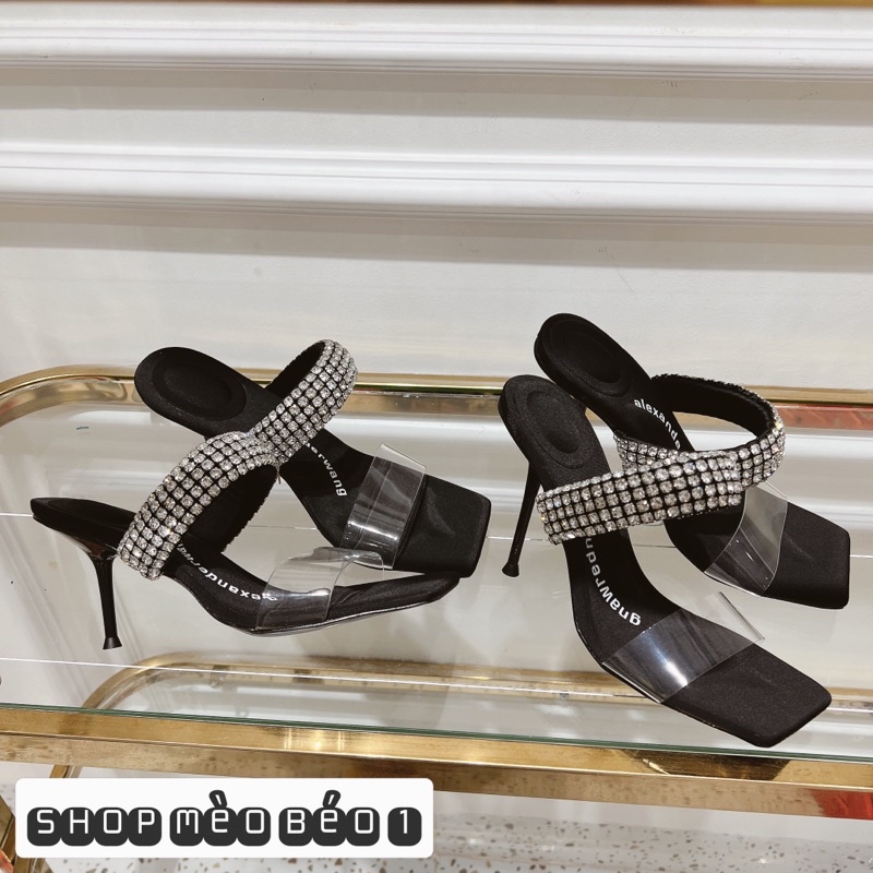 Guốc wang quai đá ngang mica gót nhọn fullbox