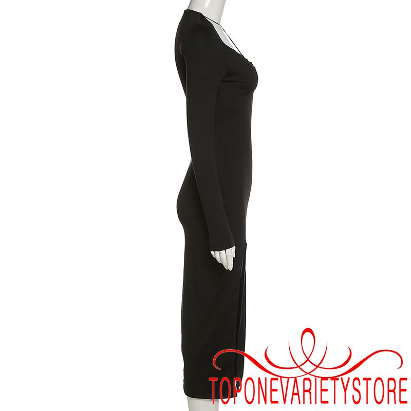 Topone-Women´s Autumn Sexy Skinny Dress Black Long Sleeve Chest Hollow Side Split Long Dress