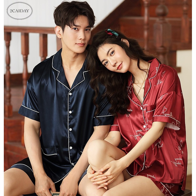 2CAIDAY - Bộ đôi cao cấp pijama đôi lụa ngắn đỏ in hoạ tiết dễ thương