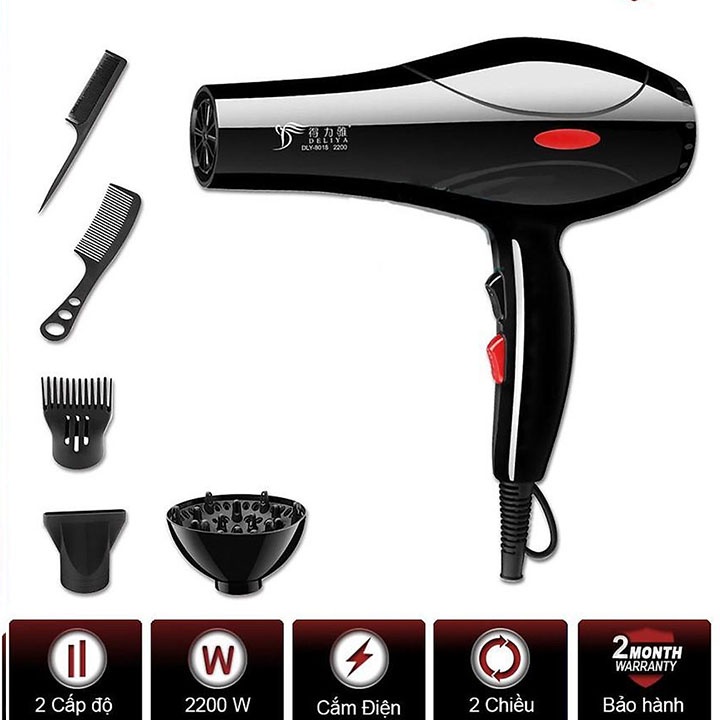 Máy Sấy Tóc Công Suất Lớn DELIYA  2000W,  2 chiều nóng lạnh, tặng kèm bộ 5 đầu phụ kiện làm tóc chuyên nghiệp