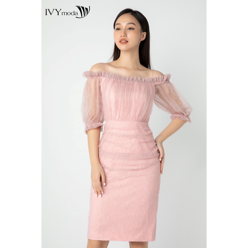 Đầm xếp phối ren IVY moda MS 45S2526