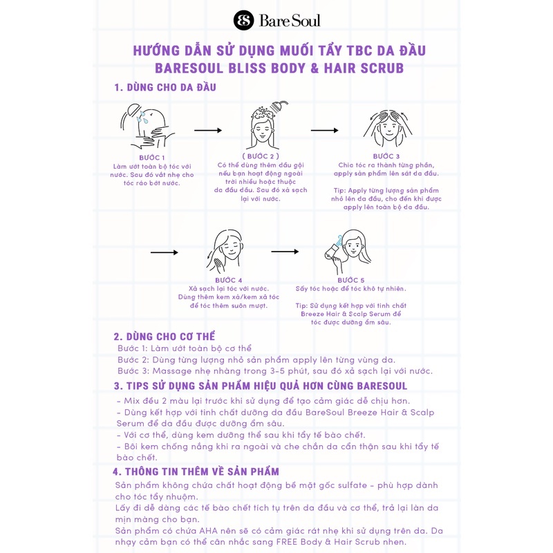 Muối tắm gội tẩy tế bào chết da đầu, tóc và tẩy tế bào chết cơ thể chứa AHA BareSoul BLISS Body &amp; Hair Scrub 300g