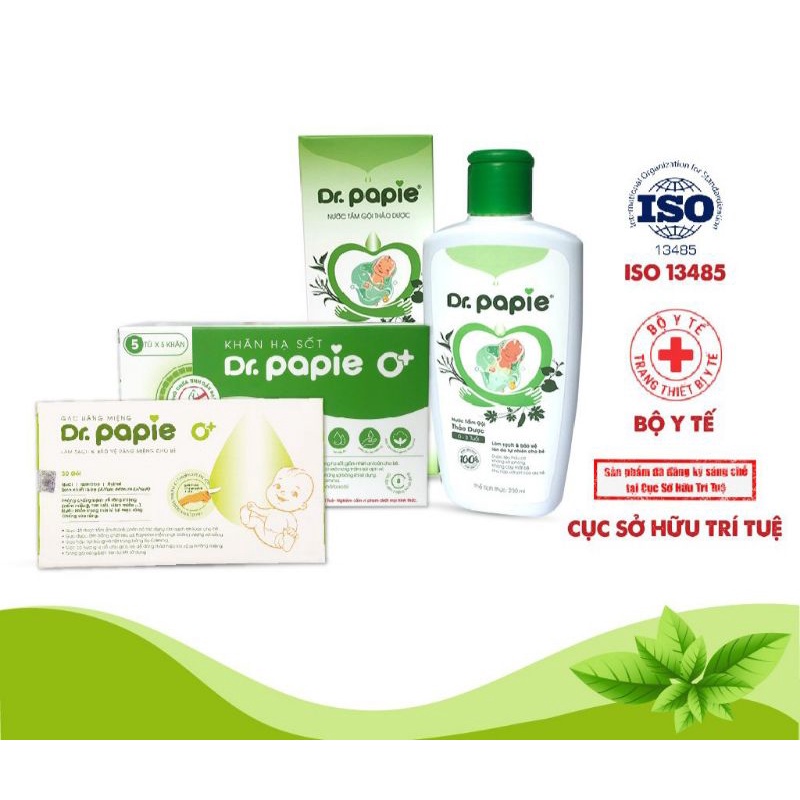 Combo Bộ 3 Gạc Rơ Lưỡi Dr.Papie, Khăn Lau Hạ Sốt Dr Papie, Nước Tắm Thảo Dược Dr Papie Chăm Sóc Bé