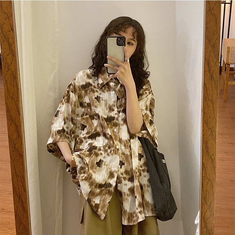 Áo Sơ Mi Tay Ngắn Họa Tiết Màu Loang Thời Trang Sành Điệu Cho Nữ