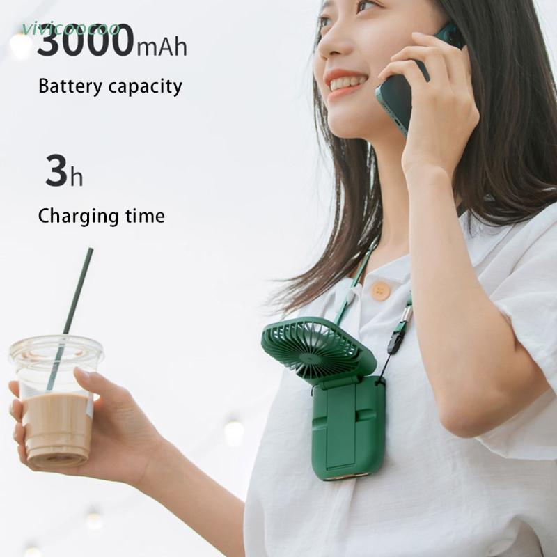 Quạt Đeo Cổ Mini Sạc USB 3000mAh 2 Pin Tiện Dụng