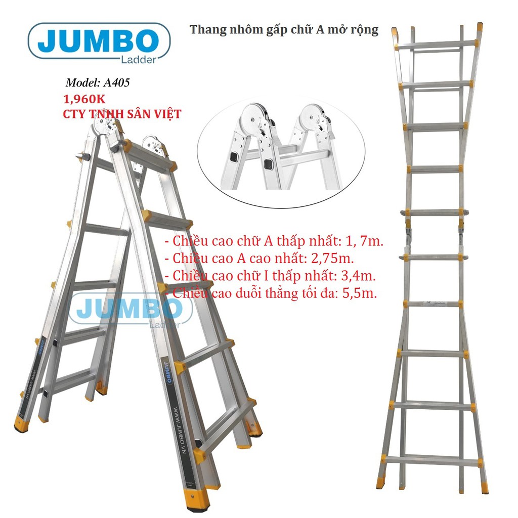 Thang nhôm gấp chữ A1.65m chữ I 3.3M mở rộng Jumbo – A403