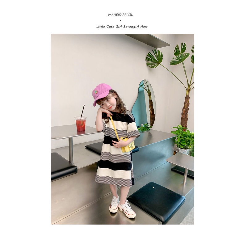 Đầm Thun Tay Ngắn Họa Tiết Kẻ Sọc Phong Cách Hàn Quốc Thời Trang Mùa Hè Xinh Xắn Cho Bé Gái