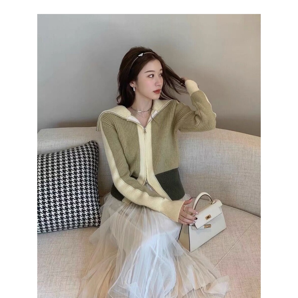622553 Áo Khoác Cardigan Dệt Kim Dày Dáng Rộng Màu Sắc Tương Phản Thời Trang Thu Đông Cho Nữ