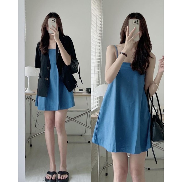 SET LINENE VÁY 2 DÂY KÈM ÁO KHOÁC BLAZER yena.closet - Set váy 2 dây chun lưng điều chỉnh + túi sườn kèm áo khoác blazer