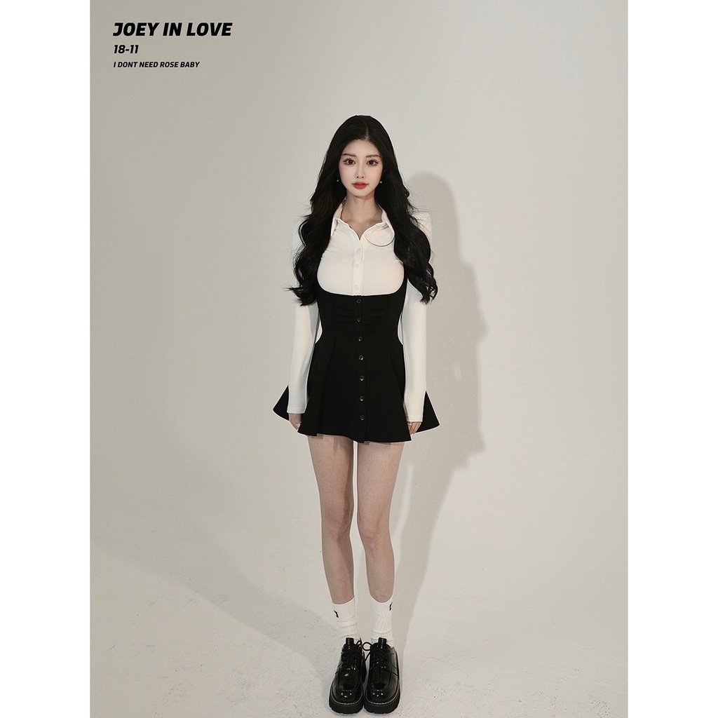 [Jey] &lt; Won't Be Obedient} Đầm Tay Dài Cổ polo Dáng Chữ a Thời Trang Mùa Xuân