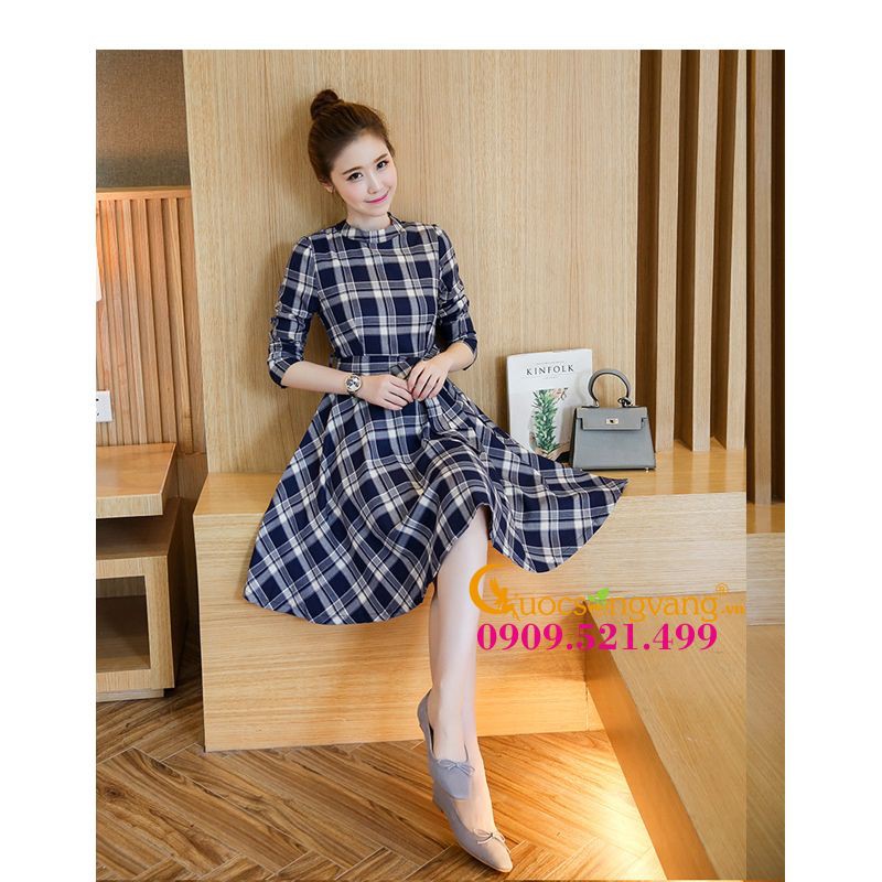 Váy đầm xòe liền thân dài tay thắt eo kẻ ca rô GLV019 kẻ Cuocsongvang