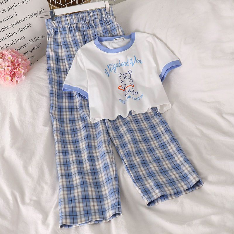 Set Áo Thun Ngắn Tay + Quần Dài Sọc Caro Thời Trang Cho Bé Gái