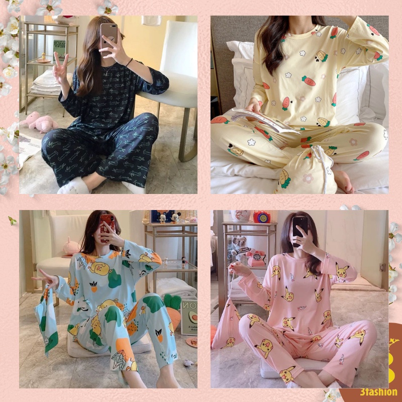 Độ Bộ Nữ Tay dài quần dài mặc Nhà, mặc Ngủ, Bộ Quần Áo Dài Vải Thun Sữa Mềm Mịn Thoáng Mát Họa Tiết Dễ Thương - N03