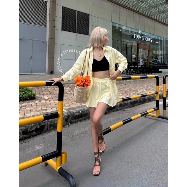 Set áo sơ mi quần short xòe style khoác ngoài trẻ trung freesize MIEU - JA11