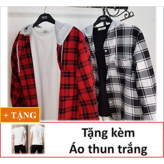 ÁO KHOÁC SƠMI UNISEX CAO CẤP SỌC CARO PHỐI NÓN +TẶNG KÈM ÁO THUN TRẮNG CAO CẤP