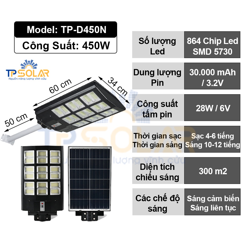 Đèn Đường Liền Thể, Đèn Năng Lượng Mặt Trời Chống Nước, Độ Bền Cao TP Solar 300W 450W 600W TP-D300N TP-D450N TP-D600N