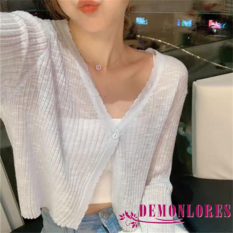 Áo Croptop Dệt Kim Tay Dài Dáng Rộng Cài Nút Màu Trơn Thời Trang Cho Nữ