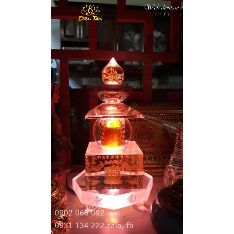 Tháp xá lợi pha lê có đèn led 8 biểu tượng cát tường đổi màu