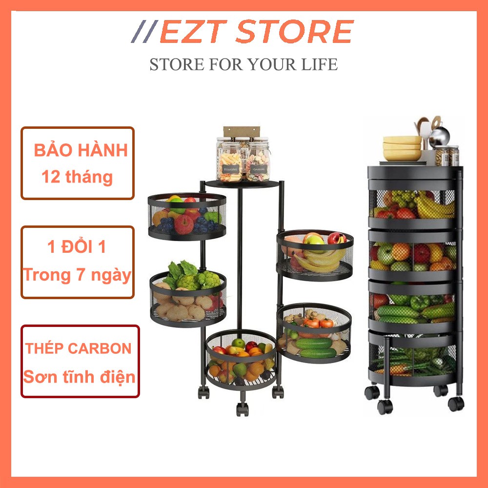Kệ đa năng khay tròn xoay đựng đồ nhà bếp, rau củ quả có bánh xe xoay, thép carbon sơn tĩnh điện, không cần lắp ráp