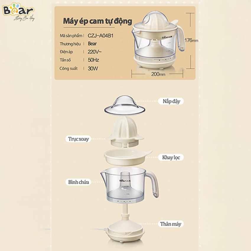 Máy Vắt Cam Bear CZJ-A04B1, dung tích 400ml (Hàng chính hãng 1 đổi 1 trong 30 ngày, bảo hành 18 tháng) - HomeMart