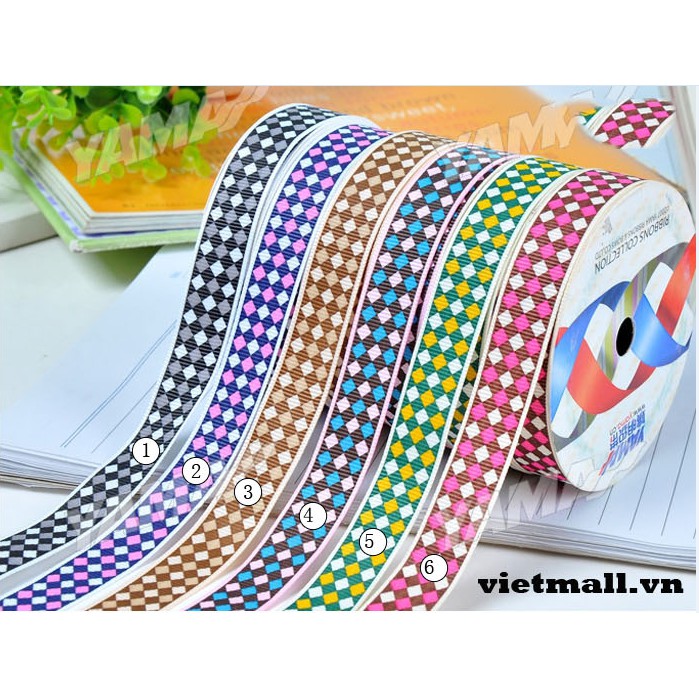 25mm Ruy băng gân họa tiết caro nhiều màu phụ kiện handmade làm hoa, nơ, trang trí đồ vật nhà cửa