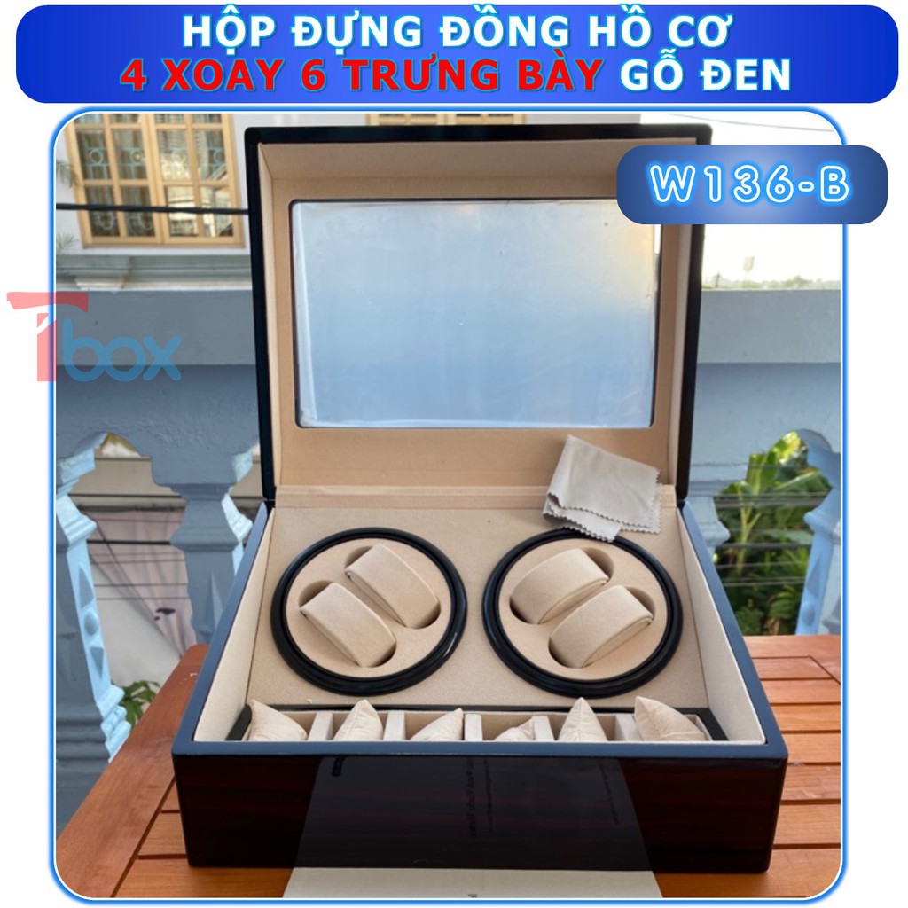 Hộp đựng Đồng hồ cơ 10 chiếc Hộp xoay Đồng hồ cơ 4 xoay 6 tĩnh bằng gỗ màu đen pinano sang trọng