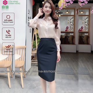 Chân váy bút chì Hiền Trần BOUTIQUE cạp cao, có lớp lót ,dáng công sở xẻ sau- Đen