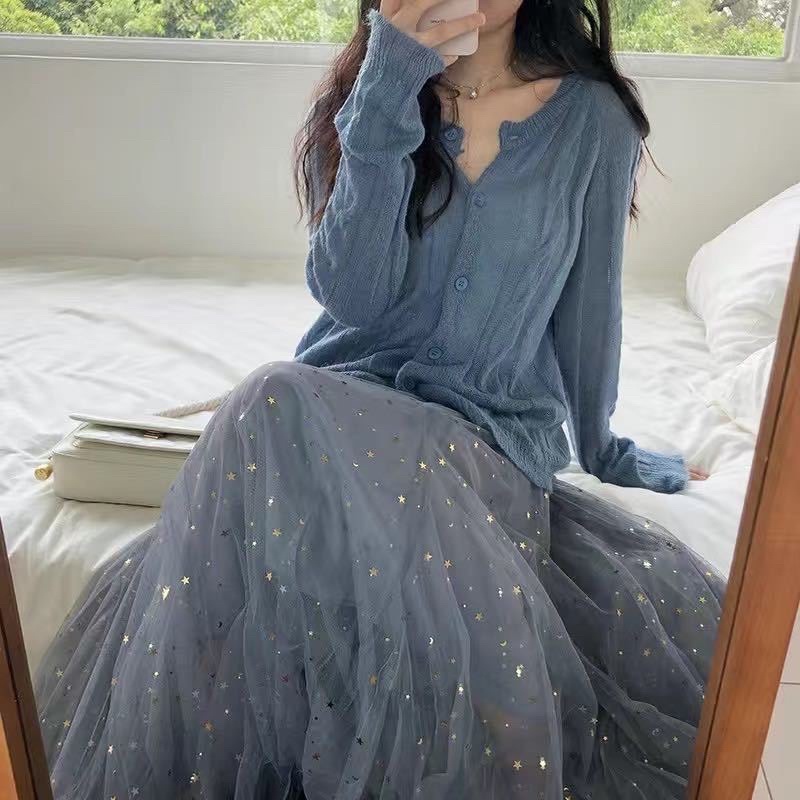 Chân váy Midi xòe dáng dài màu ghi, be, trắng Bling Bling lấp lánh cạp chun đi làm đi chơi đi học phong cách Hàn Quốc