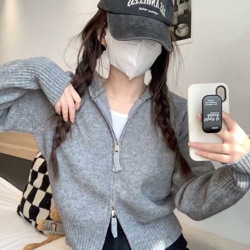 Áo khoác cardigan PERTY dệt kim dáng ngắn có khóa kéo và mũ trùm đầu thời trang mùa thu 2022 cho nữ