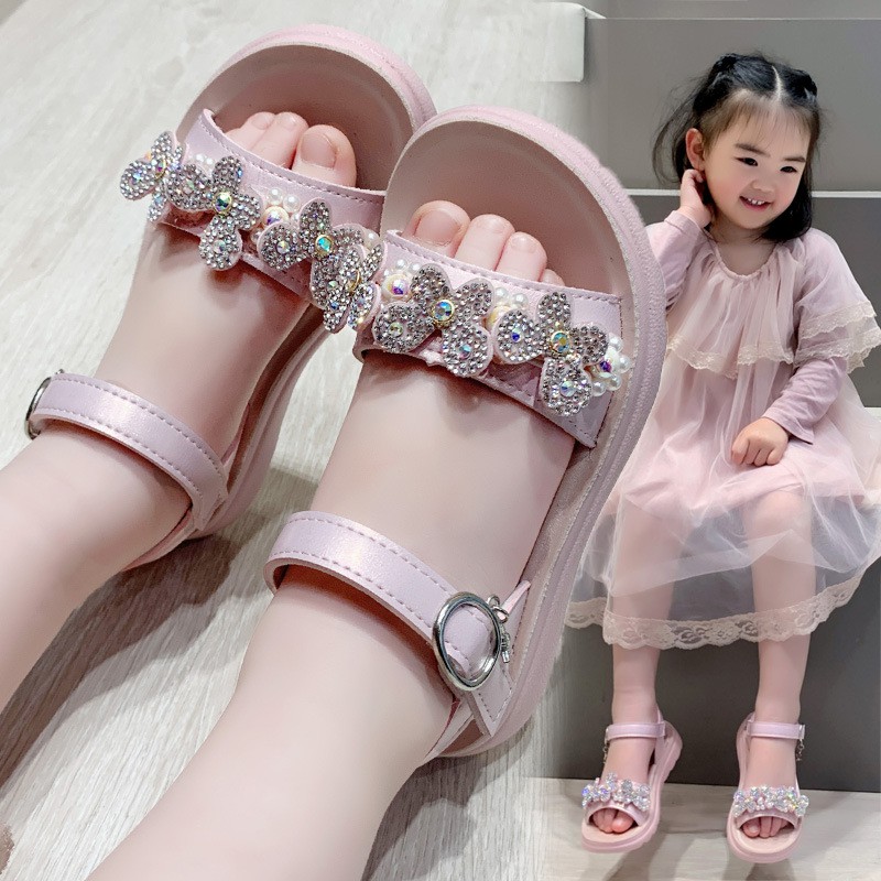 Sandal Bé Gái 2-13 Tuổi Quai Ngang Siêu Nhẹ Đế Êm Chống Trơn Trượt Họa Tiết Hoa Bướm Phong Cách Hàn Quốc D35