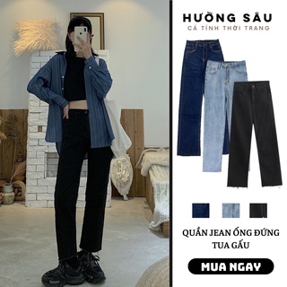 Quần jean nữ ống đứng/Quần bò cạp cao gấu tua màu đen - xanh đậm - xanh nhạt siêu hack dáng dễ mix đồ