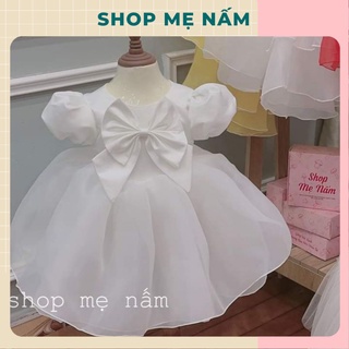 Đầm bé gái dáng xòe tay phồng cổ đính nơ công chúa xinh xắn trắng/đỏ/hồng - Shop Mẹ Nấm