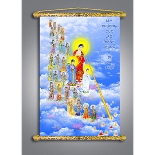 Tranh Liễn Phật Giáo -Tranh Tây Phương tiếp dẫn, chất liệu vải canvas kim tuyến, nẹp sáo gỗ tự nhiên,BIG SIZE