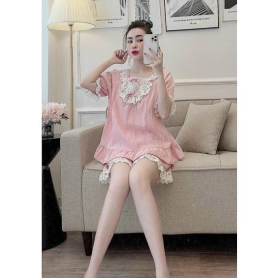 Bộ bầu mặc nhà  phối ren cùng chất đũi mềm mại, có chun rút điều chỉnh bụng THOẢI MÁI