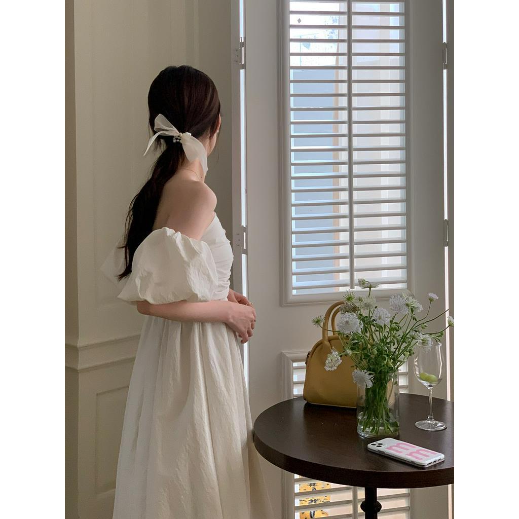 Đầm Ống Xếp Ly Tay Phồng Trễ Vai Kiểu Pháp 52593