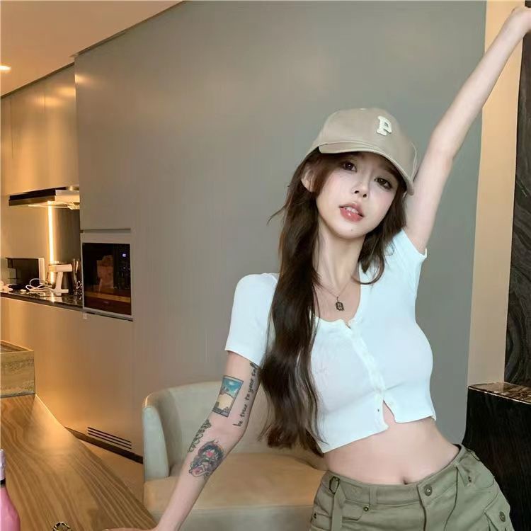 Áo Croptop Dệt Kim Tay Ngắn Cổ Chữ V Màu Trơn Phong Cách Hàn Quốc