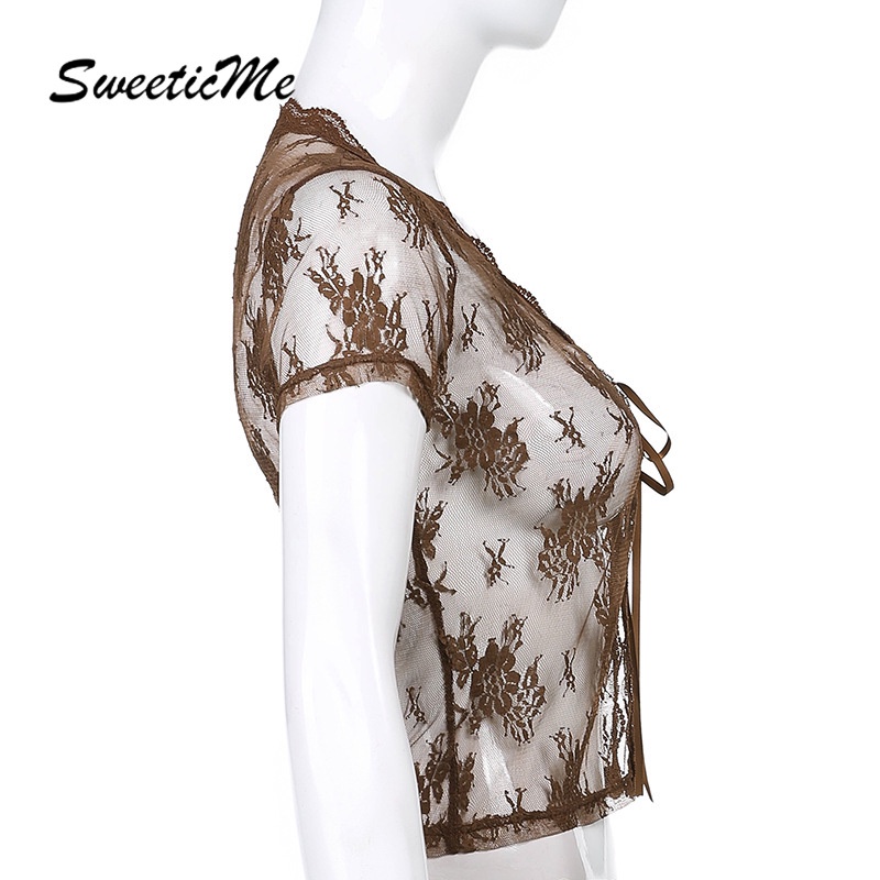 Áo Thun Cardigan Phối Ren Lưới Tay Ngắn Dành Cho Nữ