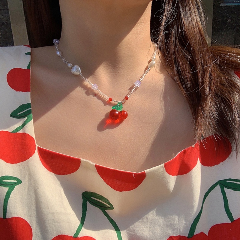 Vòng cổ Mặt Hình Trái Cherry Đính Ngọc Trai Đơn Giản Phong Cách Retro Pháp
