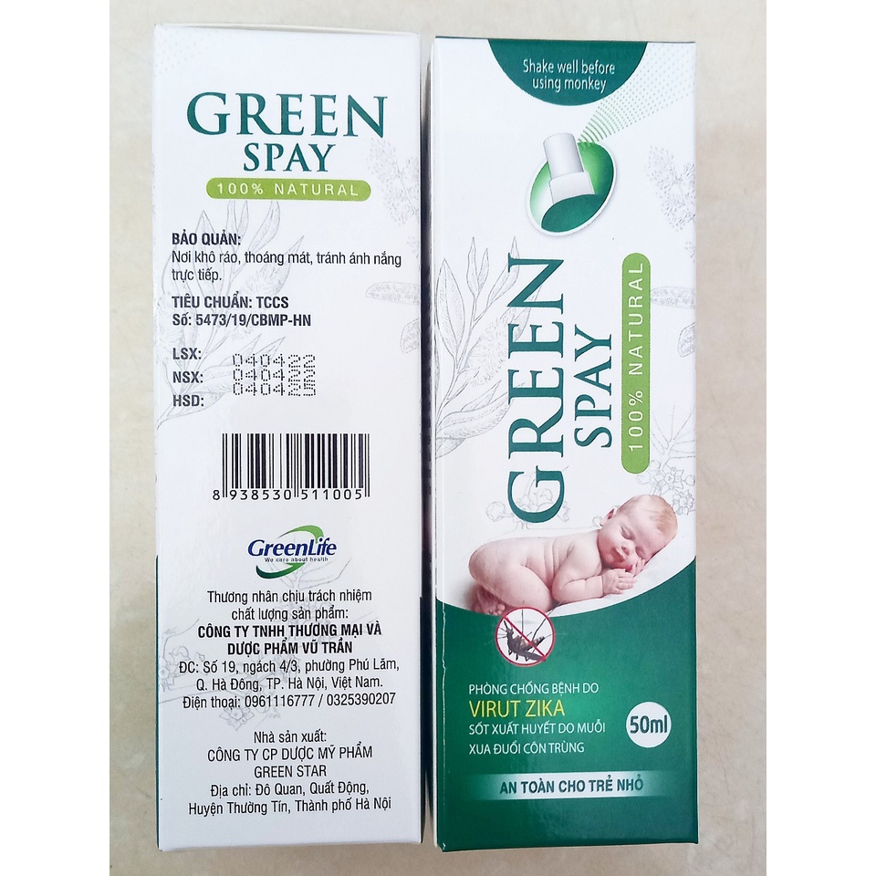 Xịt xua muỗi, cồn trùng thảo dược Green spay lọ 50ml. Đuổi muỗi, côn trùng hiệu quả, an toàn cho trẻ