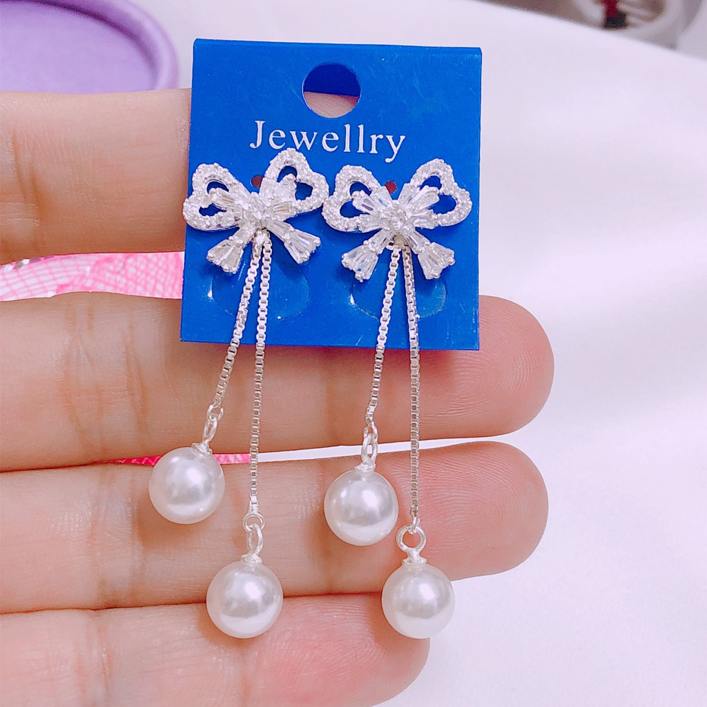 Bông tai bạc ta dáng dài hình nơ treo hạt châu duyên dáng phù hợp đi dự tiệc - Bạc Bibi